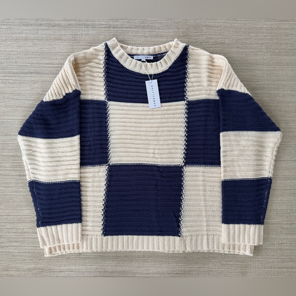 Baltic Born Jayda‎ cream blue check knit round neck long sleeve sweater women 3X